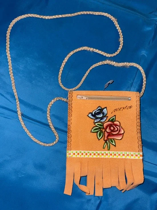 Handcrafted Orange Suede Fringe Crossbody Bag with Floral Design Made in Mexico