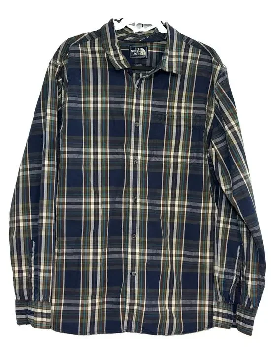 The North Face Shirt Men's XL Blue Plaid Button Down Long Sleeve Cotton Shirt