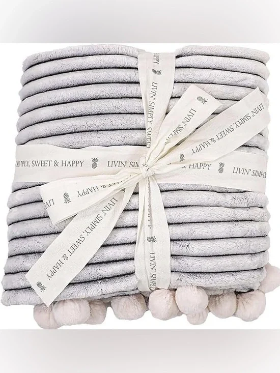Simply Southern Cuddly-Luxe Light Gray Pom-Pom Blanket - NWT