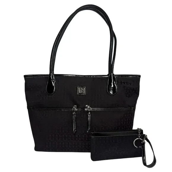 Giani Bernini Black Logo Tote Shoulder Bag with Matching Mini Wristlet Pouch