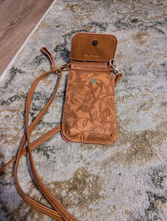 Floral  Faux Leather Crossbody Phone Pouch Purse - Brown