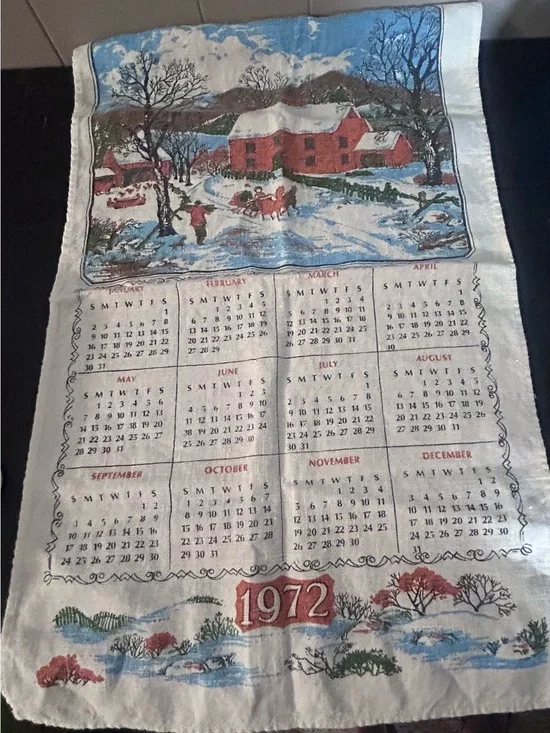 Vintage 1972 Winter Calendar Tea Towel - Cream with Red and Blue
