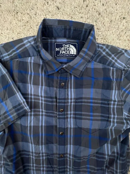 North Face Shirt Mens Short Sleeve Button Up Blue Gray Plaid Size Small Smol