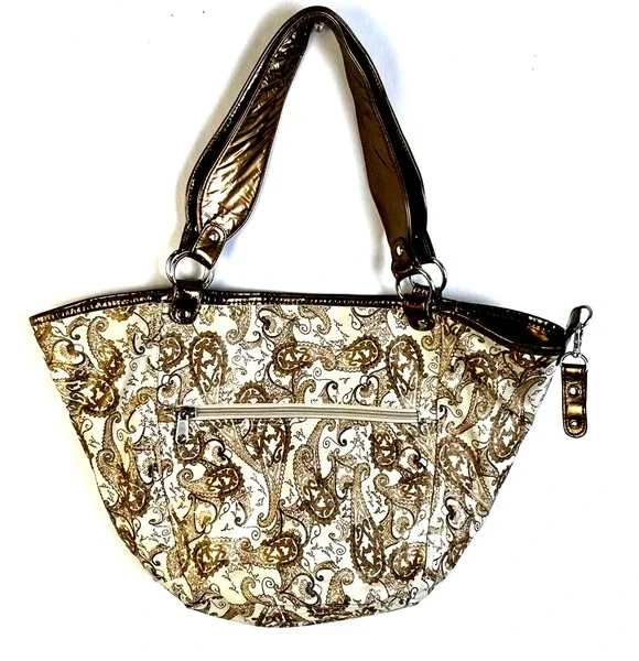 Metallic Trimmed Handbag Copper Gold Cream Paisley Tote Pocketbook Bag