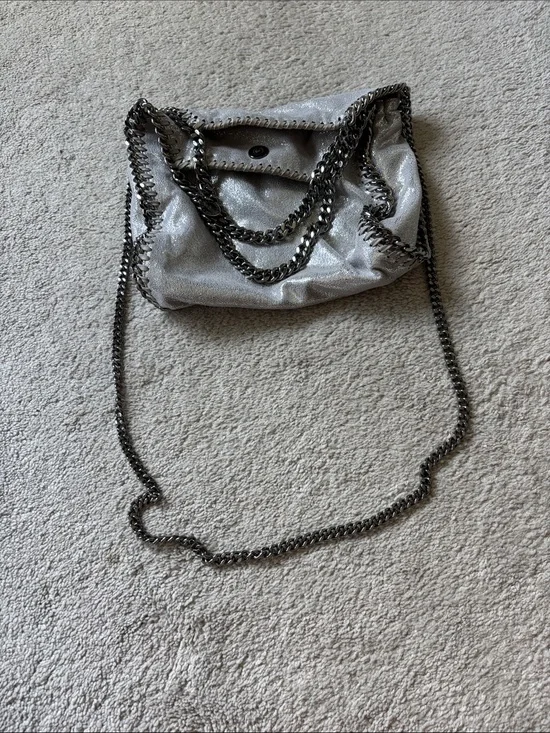 Stella McCartney Metallic Silver Fold-Over Crossbody Bag with Gunmetal Chain