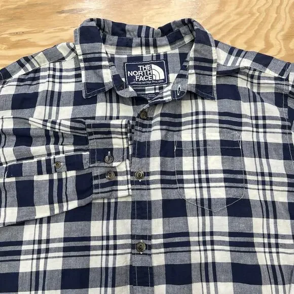 The North Face Linen Blend Button Down Shirt XXL Blue Plaid Collared Outdoor