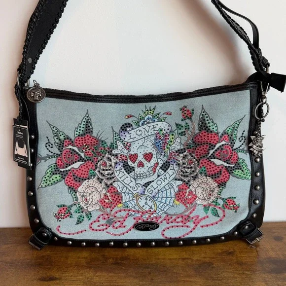 New Ed Hardy Blue Denim Black Shoulder Hobo Handbag Skull Y2K Gothic Roses