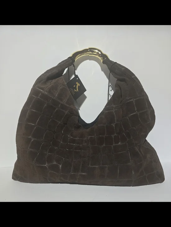 Italian Claudia Firenze Brown Suede Croc-Embossed Hobo Bag with Gold Handle