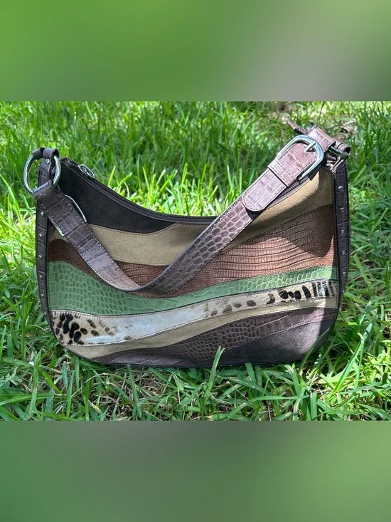 Vintage Sharif Women's Multi-Texture Patchwork Hobo Bag in Brown, Green & Cream