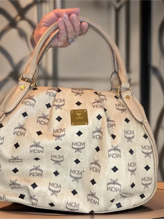 MCM Cream Visetos Dome Satchel with Gold Plaque
