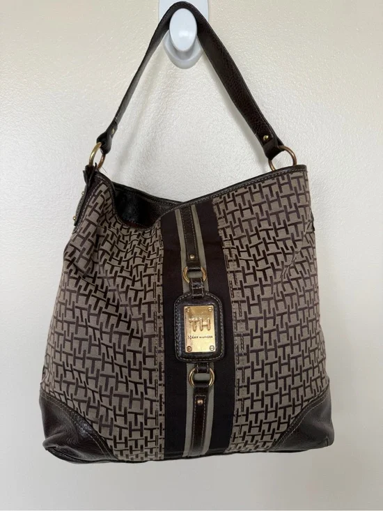 TOMMY HILFIGER Brown Logo Printed Hobo Shoulder Bag with Gold Accent Badge