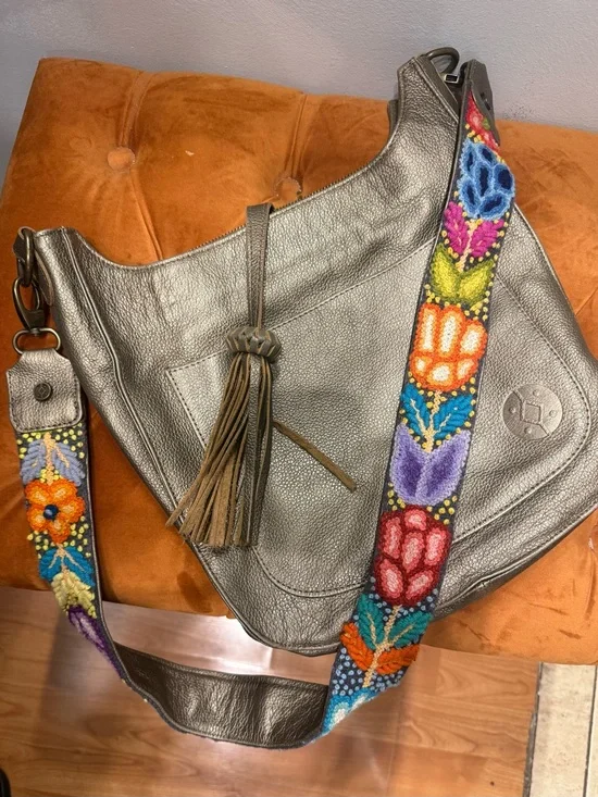 Metallic bronze Leather Hobo with Colorful Embroidered Strap