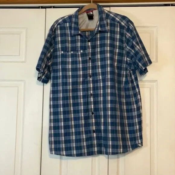 Mens The North Face Blue Plaid Short Sleeve‎ Shirt XL