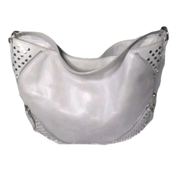 She+Lo  Leather Hobo Shoulder Bag  Studs Tassel Boho Bag Gray Taupe Retail $280