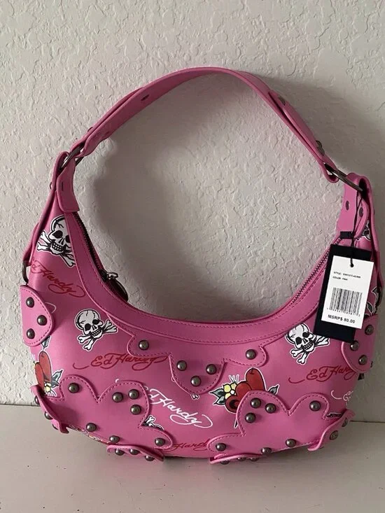 Ed Hardy Pink Hobo Shoulder Bag Studded Heart Rose Skull Cross Charms NEW‎