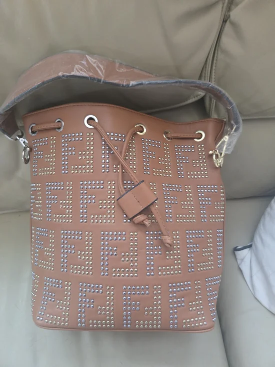 Studded Bucket Hobo Bag in Cognac - Fashion Logo Pattern