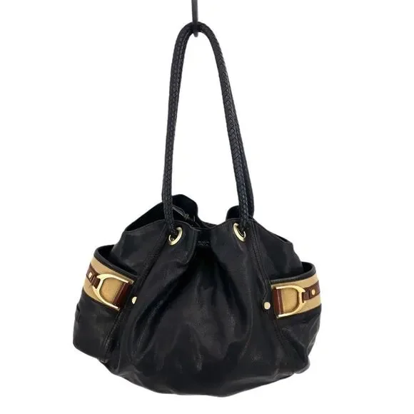 Cole Haan Hobo‎ Bag Leather Braided Grommets Genevieve Denny Black