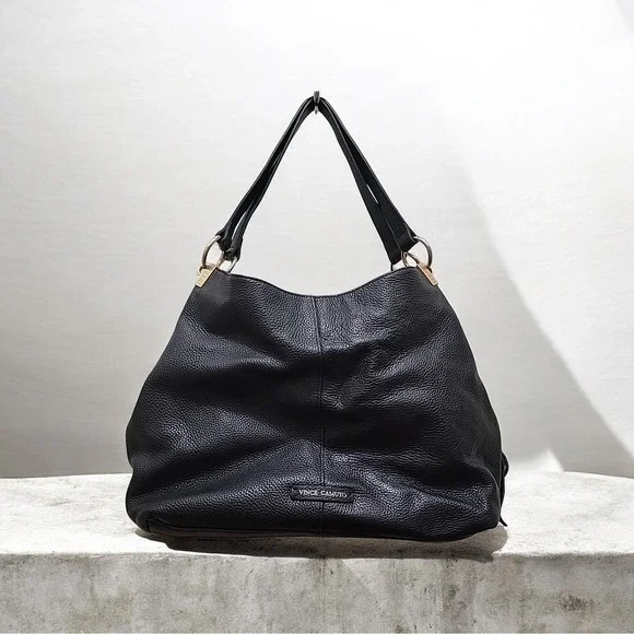 Vince Camuto Hobo Bag in Black Pebbled Leather Handbag Purse.  Gold Hardware