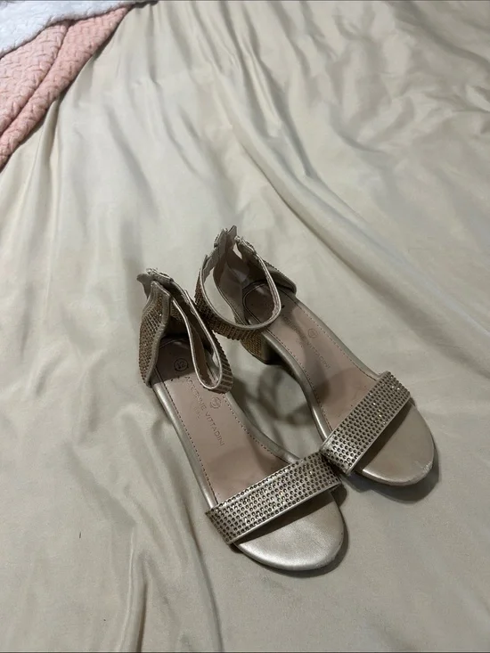 Adrienne Vittadini Champagne Metallic Low Block Heel Sandals