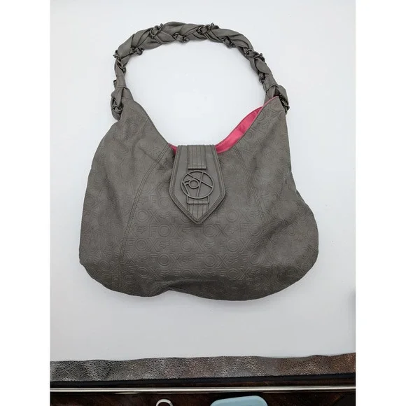 Fox Racing Grey Embossed Logo Hobo Bag Pink Interior Braided Chain Strap Womens