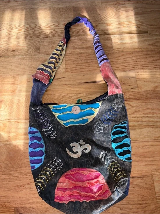 Bohemian Embroidered Om Crossbody Bag in Black with Multicolor Appliqué