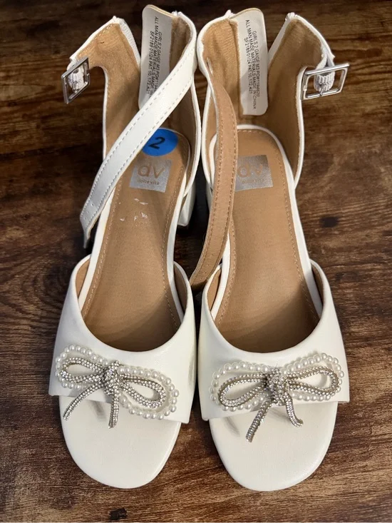 Girls White Pearl Bow Ankle-Strap Sandals