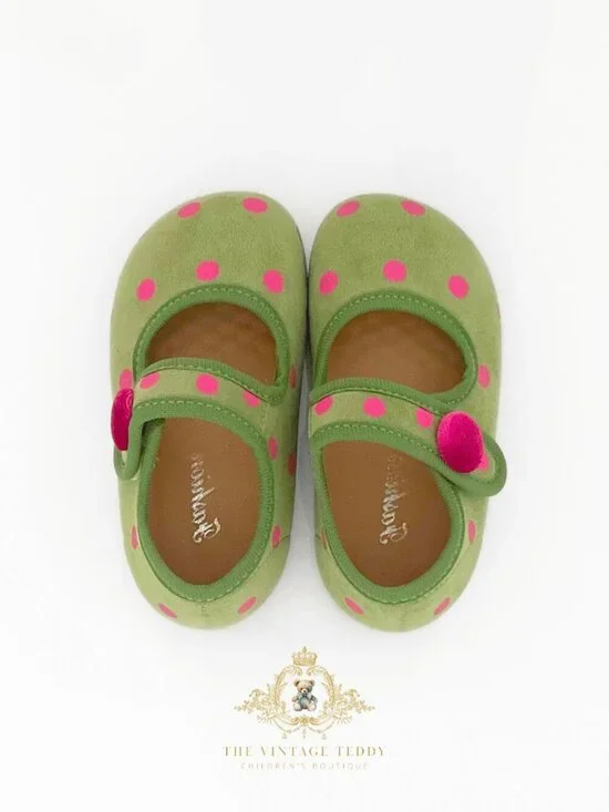 NWT Adorable Girls Flats Children's Shoes Kids Shoes Green & Pink Polkadots 8.5