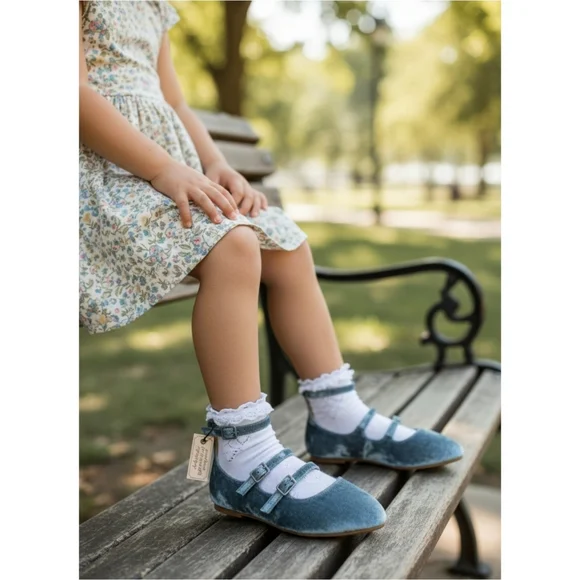 Fabkids ✦ Deep Blue Velvet Triple-Buckle Flats ✦ Princess Dress Shoes Sz 5 NWT