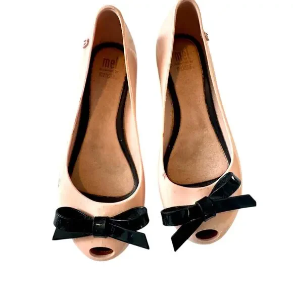 Mel by Melissa Girls Pale Pink with Bow Peep Toe Flats Shoes Sz 2 Coquette