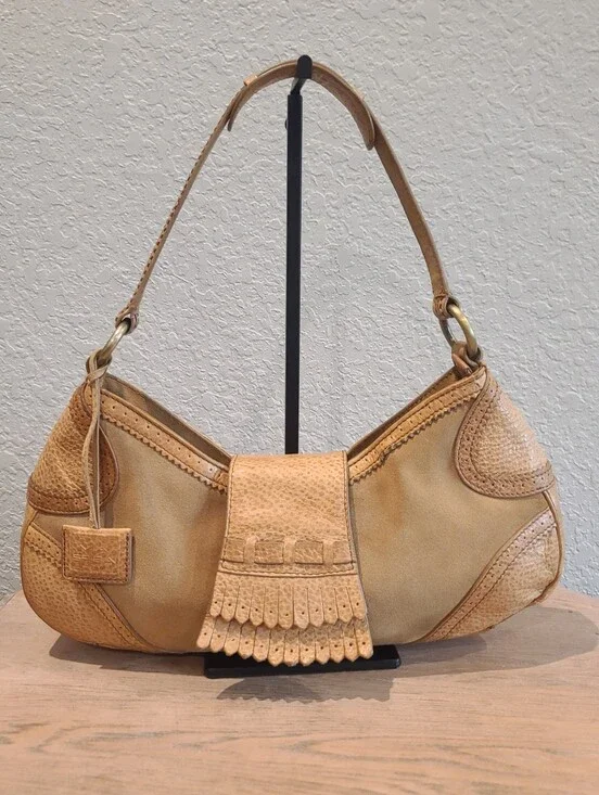 Via Spiga Tan Suede & Pebbled Leather Hobo Shoulder Bag Fringe Flap Purse Y2K
