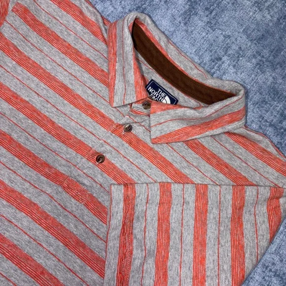 The North Face Mens Large Polo Shirt Grey Orange Striped Short Sleeve Cotton L