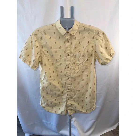 The North Face Mens Tan Embroidered Hiker Print Short Sleeve Button Down Shirt M