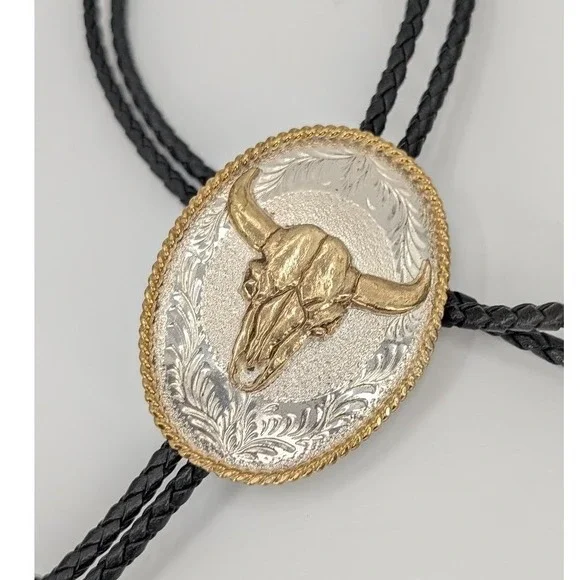 Vintage Western Bull Longhorn Skull Bolo Tie Silver Gold Tone Braided Cowboy