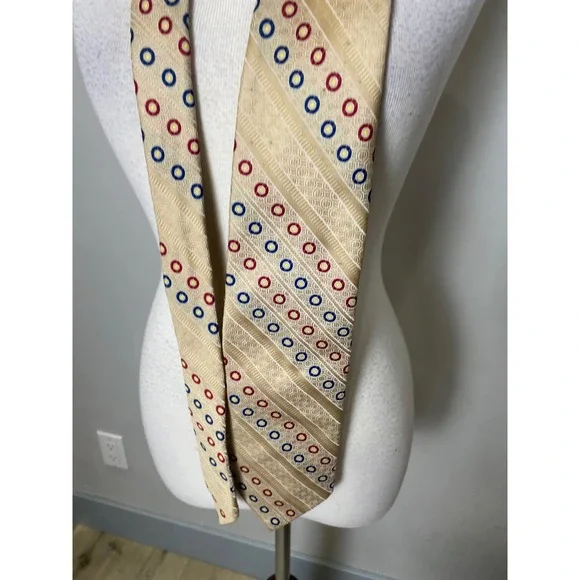 Vintage 70s Vesuvio Italy Mens Necktie Gold Red Blue Geometric Circle Stripe Tie