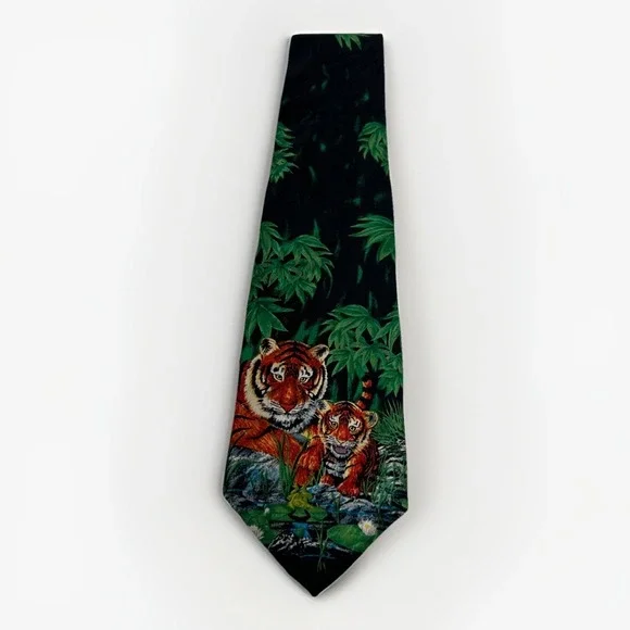 Art Impressions Gallery Tiger & Cub 100% Silk Necktie‎ Green Men's Tie