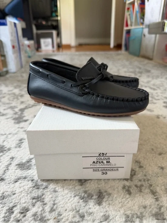 Kids Black Leather Moccasin Loafers with Brown Sole