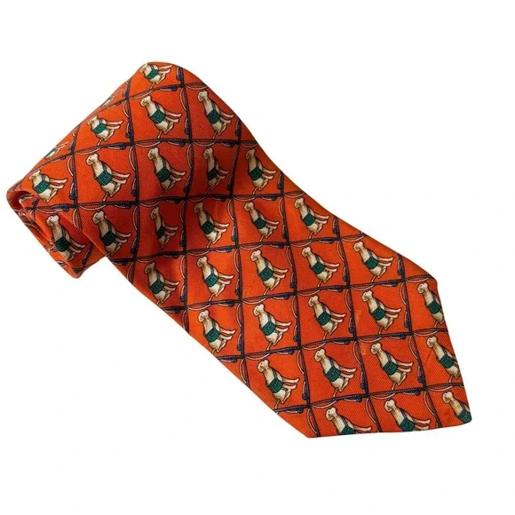 Brooks Brothers Silk Tie Orange Yellow‎ Labrador Dog Fishing Novelty Print USA