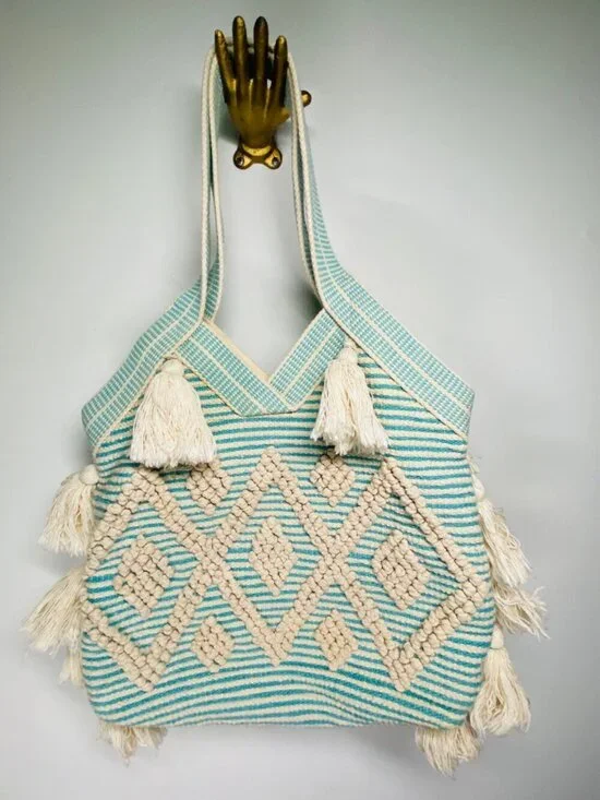 Boho Striped Cotton Tote With Tassels & Textured Diamond Pattern Beige & Teal La