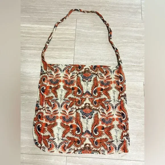 Free People Paisley Linen Orange Navy Blue Lightweight Hobo Slouch Bag Boho