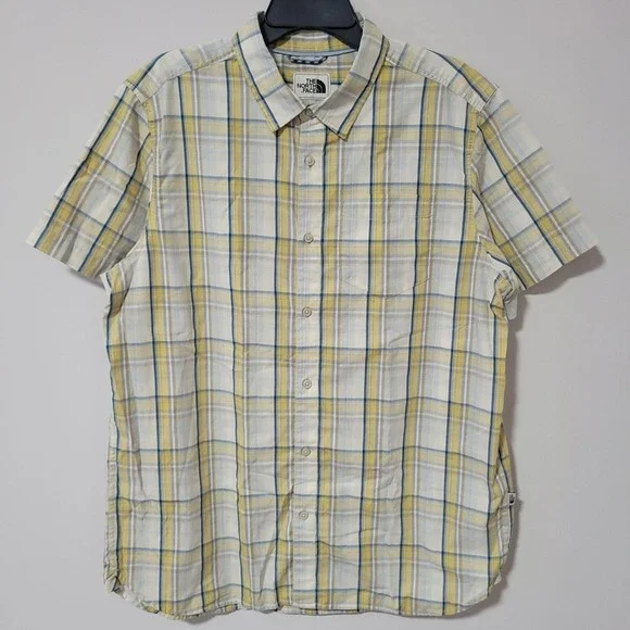 The North Face Button Down Shirt Mens XL Short Sleeve Plaid Yellow Blue Hiking