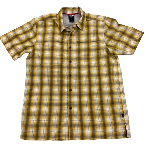 The North Face Shirt Mens Medium Yellow Plaid Short Sleeve Hiking Outdoor Camp
