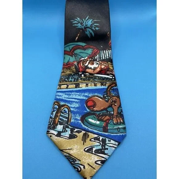 Christmas Tie Vintage. Santa In Sun, Rudolph In Pool 57”‎ Excellent Condition.