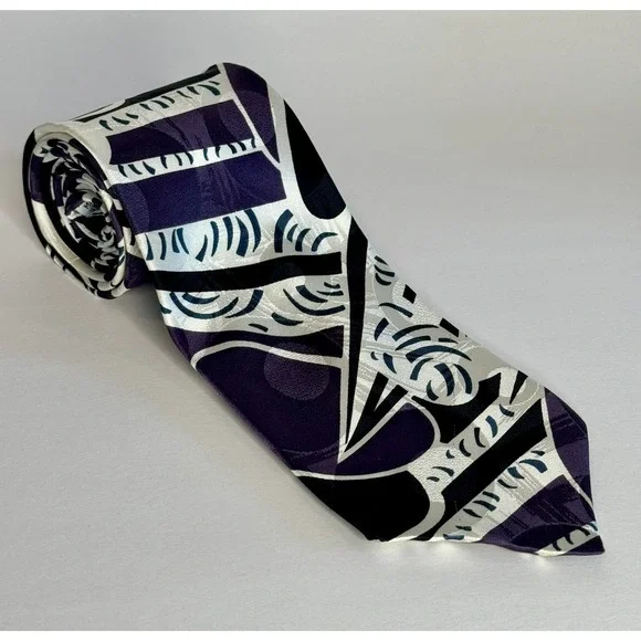 Paul Rodon‎ Couture Necktie Mens Purple White Black Abstract Geometric Silk Tie