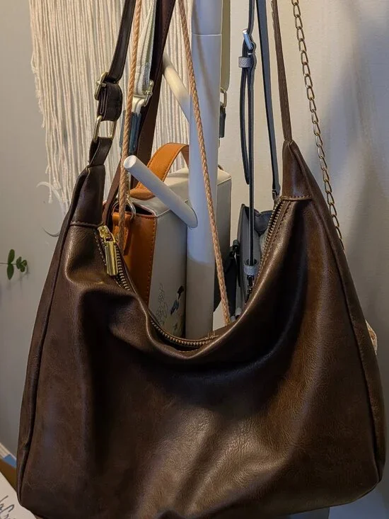 Dark Brown Slouchy Hobo Shoulder Bag Faux Leather Minimalist Everyday Purse