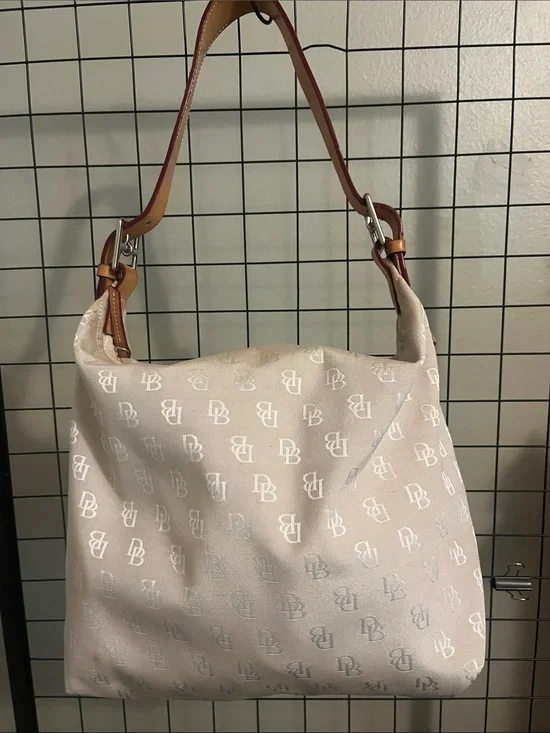 Monogram Beige Shoulder Tote Bag with Tan Leather Strap