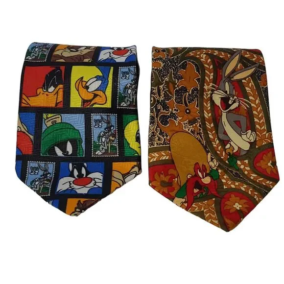 Vintage Set of 2 Looney Tunes Men's‎ Neckties 1993 Bugs Bunny Daffy Duck, Taz