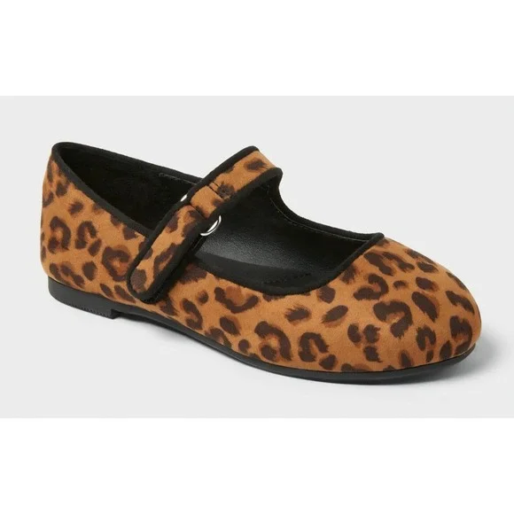 Cat & Jack Addy Leopard Print Mary Jane Flats Memory Foam Tan Black Kids Size 12