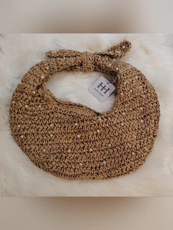 Haute Hippie Hand Bag Faux Pearls Natural Beige Straw Crescent Hobo Boho Coastal