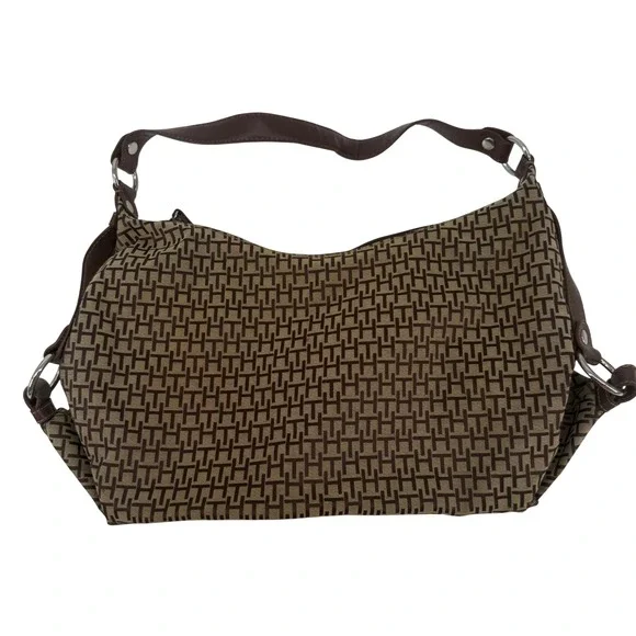 Tommy Hilfiger Hobo Bag Womens Large Brown Monogram Jacquard Excellent Slouchy