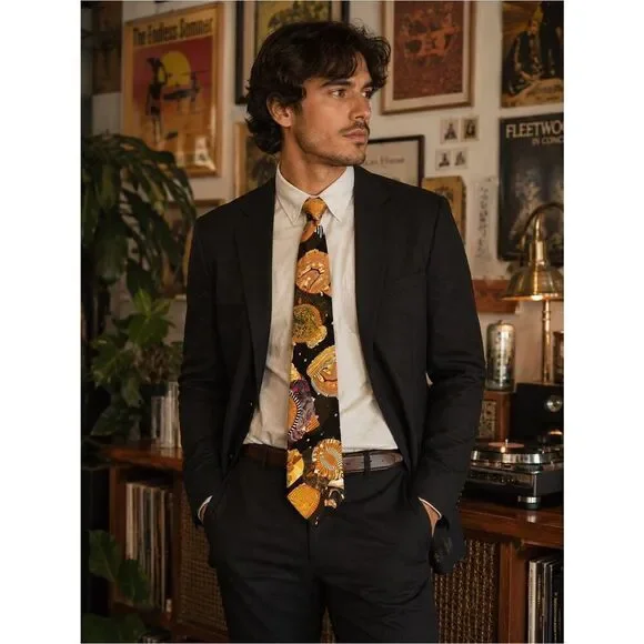 Brioni 100% Silk Black Multicolor Trippy Astronomical Handkerchief Tie OS Indie